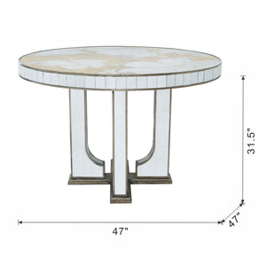 English Elm 47x47x31.5" Round Dining Table with Mirrored Silver Finish, Floral Motifs, Elegant Centerpiece for Stylish Homes W2078P248208