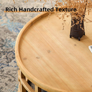 English Elm 31.5" Round Boho Coffee Table Natural Solid Wood 31.5" Top Open-Frame Geometric Base Rustic Chic W3306P318876