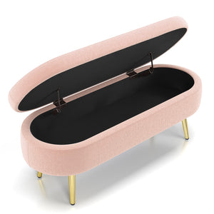 English Elm Ottoman Oval Flannel Storage Bench with Matte Metal Legs for Bedroom or Living Room Pink W487P438632