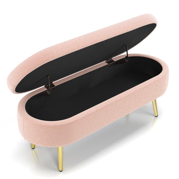 English Elm Ottoman Oval Flannel Storage Bench with Matte Metal Legs for Bedroom or Living Room Pink W487P438632