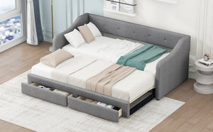 English Elm Twin XL Upholstered Daybed with Two Drawers — Convertible King Sofa Bed, Buttoned Back, Linen Upholstery Gray DL002056AAE