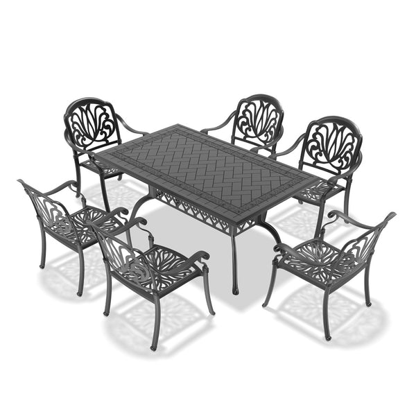 English Elm 7-piece Cast Aluminum Outdoor Dining Set Ornate Patterned Frames with Weather Resistant Cushions W1710S00575