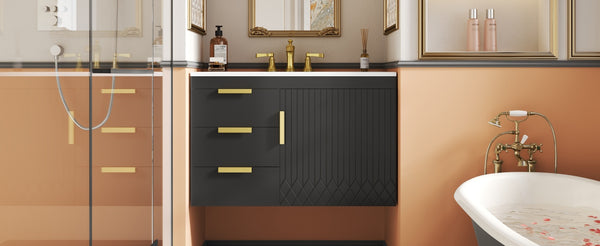 English Elm 30" Wall Mounted Bathroom Vanity with Ceramic Basin Sink, Floating Storage, Soft-Close Doors, Modern Elegance Black N710P324096B