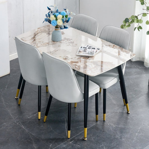 English Elm Table 5-Piece Set: Elegant White Sintered Stone Dining Table With 4 Gray Pu Chairs & Metal Legs W1151S04207-GIGA