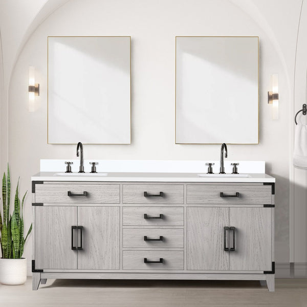 English Elm White Oak Double Bath Vanity: 72" W, Luxurious White Quartz Top & Chrome Faucet Set For Stylish Storage B2731P259915-GIGA