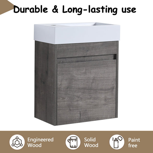 English Elm 18'' Floating Wall Vanity with Resin Sink, Open Shelf Storage, Eco-Friendly Plywood, Soft-Close Door Plaid Grey Oak W99936248
