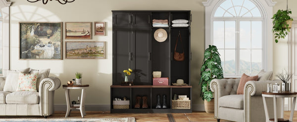 English Elm Farmhouse Hall Tree with Triple Arch Back Panel Eight Hooks Drawers and Entryway Bench Black N721S000059B-1