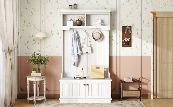 English Elm Hall Tree Entryway Organizer with Shoe Bench and 4-in-1 Coat Rack Hooks, Elegant Storage for Hallways White W1580P327001