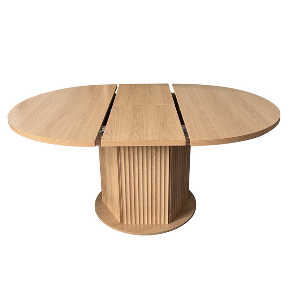 English Elm Round Adjustable Dining Table 47–63" for 4–6, Light Brown MDF & Rubberwood, Bump-Texture Base, 300lb Capacity W1347P296655