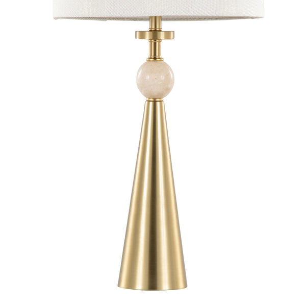 English Elm Table Lamp Set of Two Gold Metal Travertine Base with Leaf Fabric Shade Glam Decor B202P471582