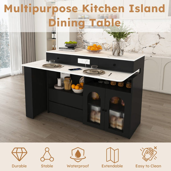 English Elm Kitchen Island Marble Veneer Retro Style Rotating Expandable Top Built-in Outlets Mdf Black W2700S00119