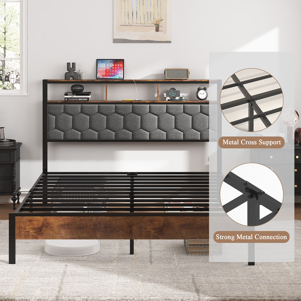 English Elm Full size wooden platform bed with upholstered headboard, large under-bed storage, USB/Type-C charging, quiet assembly-friendly design W636P317029