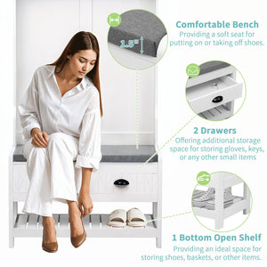 English Elm VIBE Hall Tree with 6 Hooks, Hinged Top Storage, Bench Seat & Drawers for Organized Entryway White N724P184891K