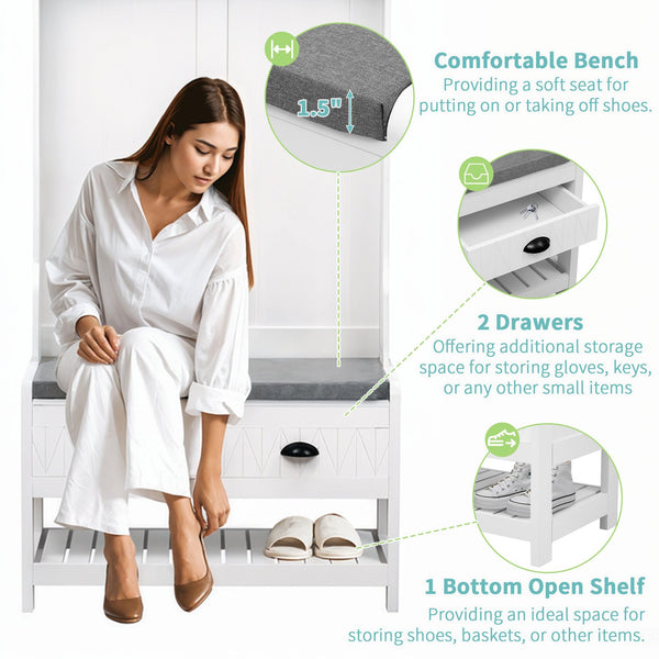 English Elm VIBE Hall Tree with 6 Hooks, Hinged Top Storage, Bench Seat & Drawers for Organized Entryway White N724P184891K