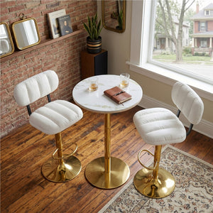 English Elm Set of 2 Adjustable Pu Leather Barstools with Chrome Base for Kitchen or Home Bar White+Gold W3875P378575