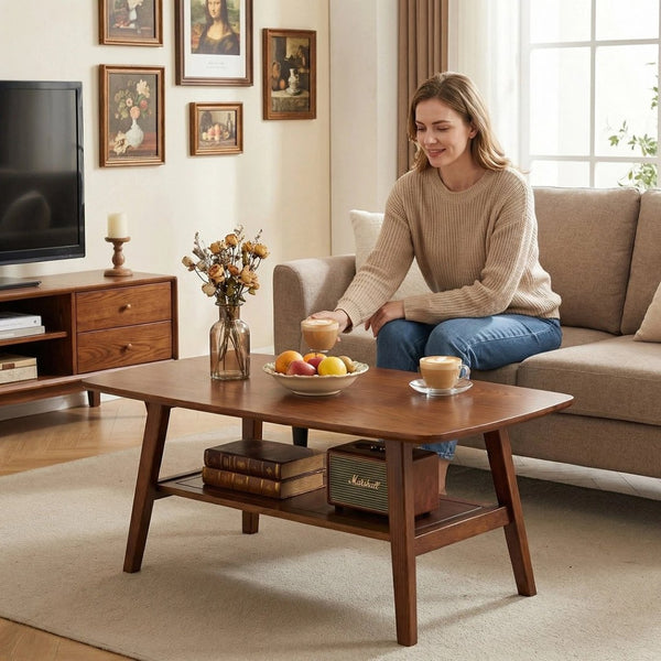 English Elm Mid Century Modern Solid Oak Two Tier Coffee Table with Open Shelf for Living Room Walnut W3204P469105
