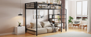English Elm Twin Metal Loft Bed with Upper Grid Storage Shelf and 4-Layer Ladder Shelves for Space Saving Black SF100081AAB