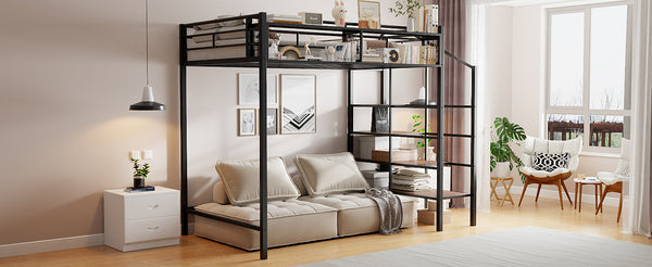 English Elm Twin Metal Loft Bed with Upper Grid Storage Shelf and 4-Layer Ladder Shelves for Space Saving Black SF100081AAB