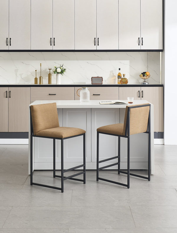 English Elm Counter Height Bar Stools Set of 2 Upholstered Linen Seats with Metal Frame & Cushion Comfort for Kitchen Bar and Dining Room Coffee W1249P257010