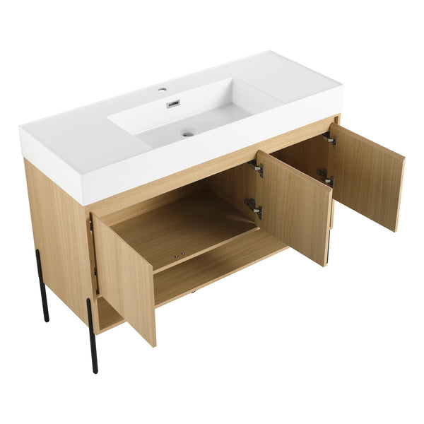English Elm 48" Oak Bathroom Vanity Combo with One-Piece Resin Sink, Tripod Legs, Multi-Layer Solid Wood Cabinet W1972S00010
