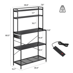 English Elm Large Five Tier Industrial Bakers Rack with Built in Outlets Microwave Stand Kitchen Organizer Black T3623P431203