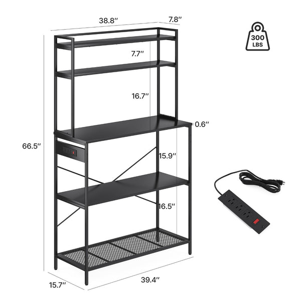English Elm Large Five Tier Industrial Bakers Rack with Built in Outlets Microwave Stand Kitchen Organizer Black T3623P431203