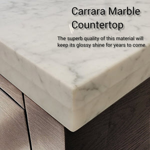 English Elm Grey Oak Single Bath Vanity Set With Carrara Marble Top, Faucet, And 46" Frameless Mirror Included B2731S01964