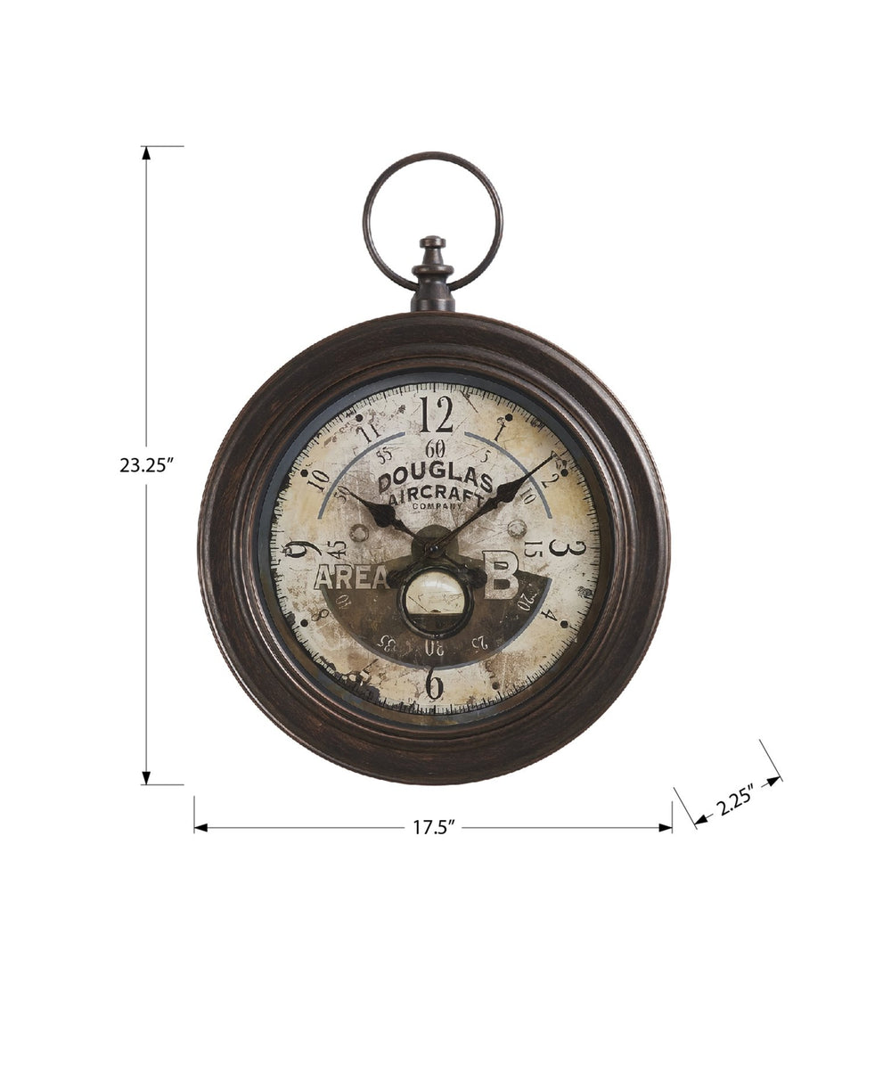 English Elm Clocks, Vintage 18" Round Wall Clock In Antique Brown With Aviator Dial - Timeless Home Decor Piece B2710P287098