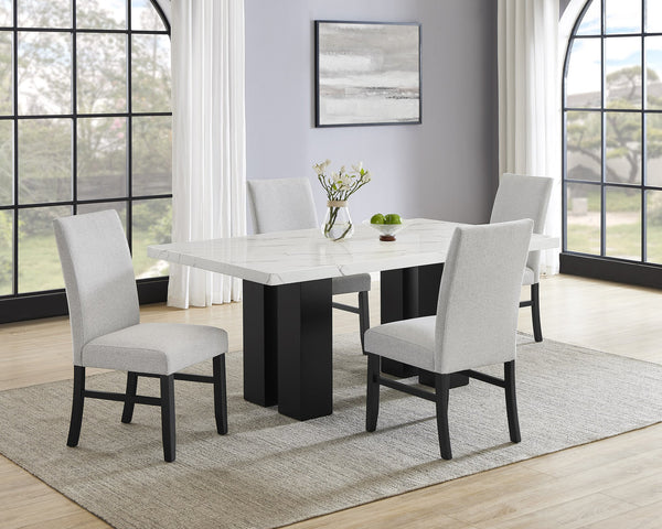 English Elm 5pc Dining Set with Luxurious Marble-Look Rectangular Table and Dark Base, Upholstered Comfort Chairs Light Gray,White 45.27 L x 71.46 W x 3.94 H B2741S00520