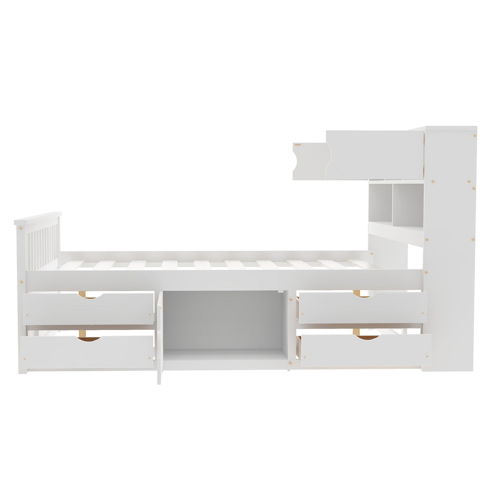 English Elm Full Size Captain Platform Bed Frame With Bookcase Headboard, Storage Drawers & White Finish N7090000473K