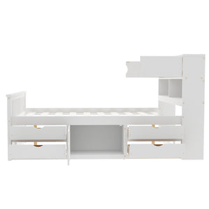 English Elm Full Size Captain Platform Bed Frame With Bookcase Headboard, Storage Drawers & White Finish N7090000473K