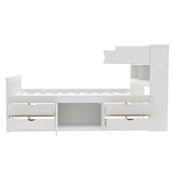 English Elm Full Size Captain Platform Bed Frame With Bookcase Headboard, Storage Drawers & White Finish N7090000473K