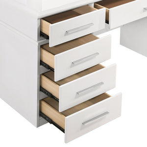English Elm Sarah Glossy White Vanity Desk with Mirror & Hollywood Lights, Felt-Lined 9 Drawers, High Gloss Finish B062S01007