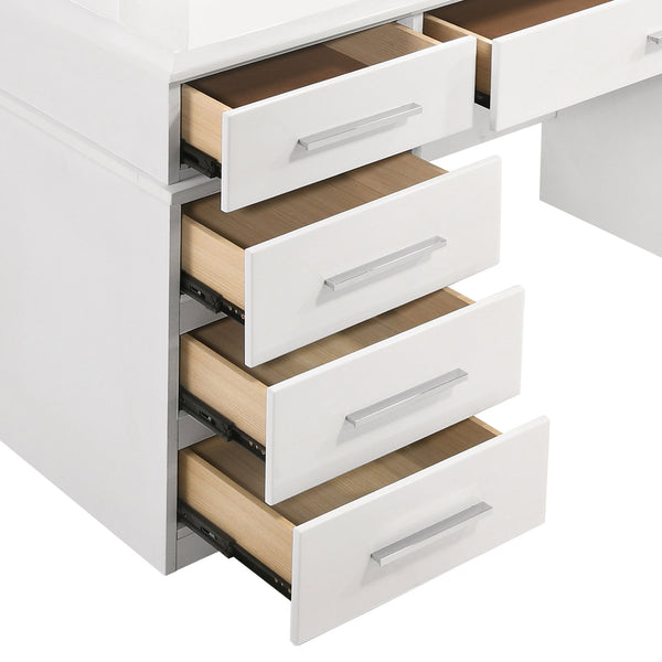English Elm Sarah Glossy White Vanity Desk with Mirror & Hollywood Lights, Felt-Lined 9 Drawers, High Gloss Finish B062S01007