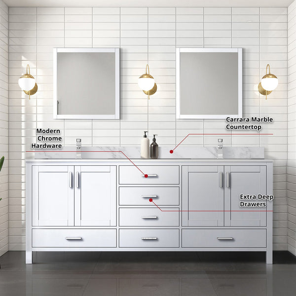 English Elm White Double Bath Vanity 80" W x 22" D with Carrara Marble Top, Chrome Faucet, 30" Mirrors, Durable Finish B2731S01054