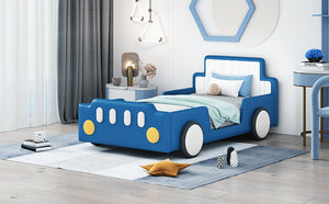 English Elm Twin Race Car-Shaped Platform Bed with Safety Rails and Sturdy Slats for Kids’ Room Comfort Blue SF000127AAC