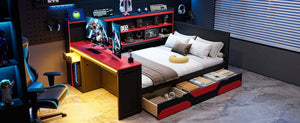 English Elm Full Size Gaming Bed Frame with Desk Led Lights Storage Drawers and Charging Station Black+Red LP000289AAJ