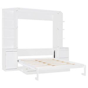 English Elm Queen Murphy Bed with Integrated Desk Cabinet Storage Wall Unit for Home Office White LP000739AAK