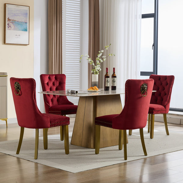 English Elm Mid-Century Lion Head Pull Ring Velvet Dining Chair with Tufted Cushion, Gold Wood Legs, Nailhead Trim WINE RED W1143P233645