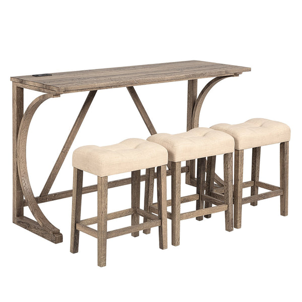 English Elm 4-Piece Bar Table Set With Power Outlet, Padded Stools For Dining, Game Room, Rustic Charm & Comfort W1998P193823