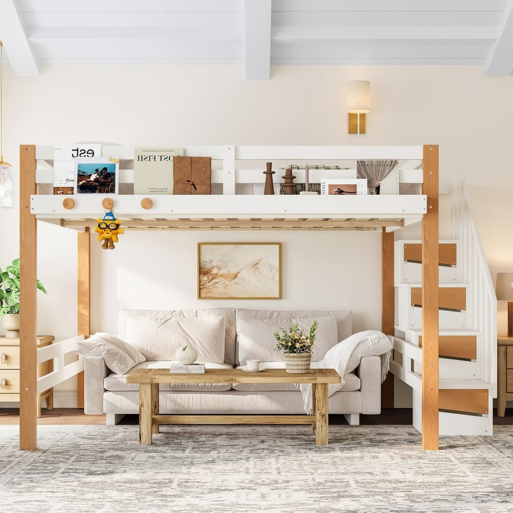 English Elm Twin Pine Wood Loft Bed with Built-in Shelving and Hook for Kids Bedroom W5305S00011