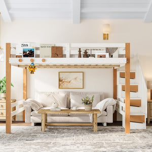 English Elm Twin Pine Wood Loft Bed with Built-in Shelving and Hook for Kids Bedroom W5305S00011