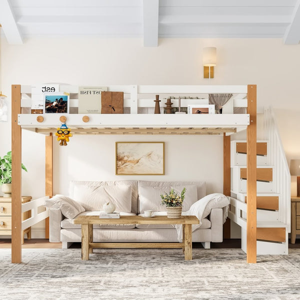 English Elm Twin Pine Wood Loft Bed with Built-in Shelving and Hook for Kids Bedroom W5305S00011