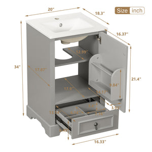 English Elm 20 Inch Bathroom Vanity with Ceramic Sink, Soft-Close Door, Adjustable Shelf, Smart Storage Organizing Design Grey N729P299505E