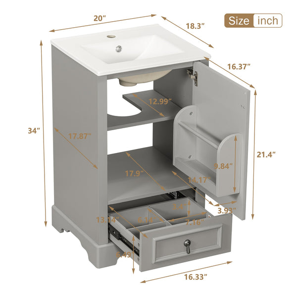 English Elm 20 Inch Bathroom Vanity with Ceramic Sink, Soft-Close Door, Adjustable Shelf, Smart Storage Organizing Design Grey N729P299505E