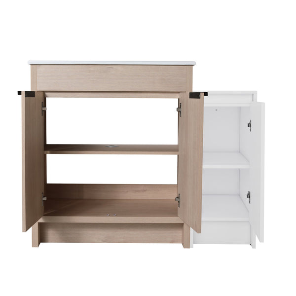 English Elm 42 Inch Freestanding Bathroom Vanity With Ceramic Sink, Soft-Close Doors & Ample Storage Space W999S00304