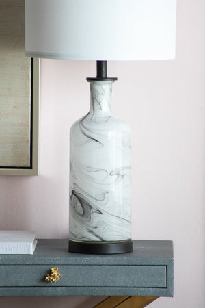 English Elm 14x14x28.5" Sarris Tall Glass Table Lamp - Gray & White Swirl Elegance with Linen Drum Shade, Modern Accent W2078P324067