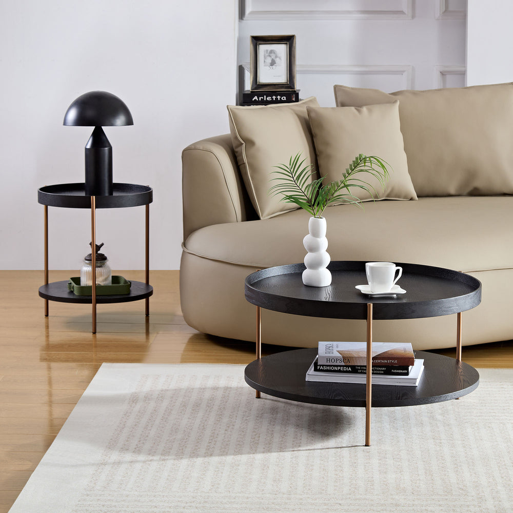 English Elm 2-Piece Modern 2-Tier Round Coffee Table Set – Black MDF, Stainless Steel Legs, Easy Assembly, Nesting Side Tables for Living Room Bedroom Office (29.13" & 17.32") W2582P167726