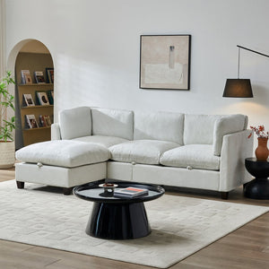 English Elm 96.5" L-shaped Chenille Sectional with Storage Ottoman Eucalyptus Frame Living Room Beige W1097S00279