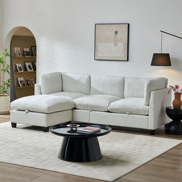 English Elm 96.5" L-shaped Chenille Sectional with Storage Ottoman Eucalyptus Frame Living Room Beige W1097S00279